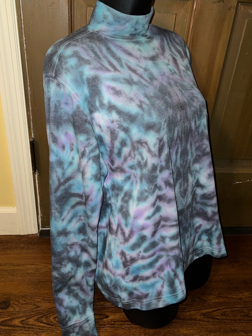 Teal Mock Neck Tie Dye Long Sleeve Sweatshirt Purple Psychedelic Hippie Size M - Picture 4 of 10